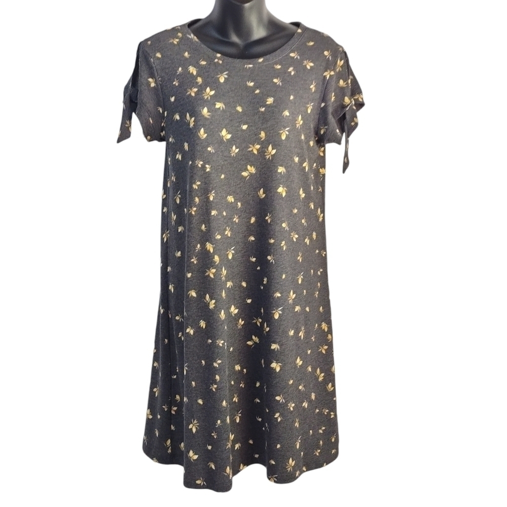 LC Lauren Conrad Women's Gray Floral Print Tie Sleeve Dress Sz S NWT